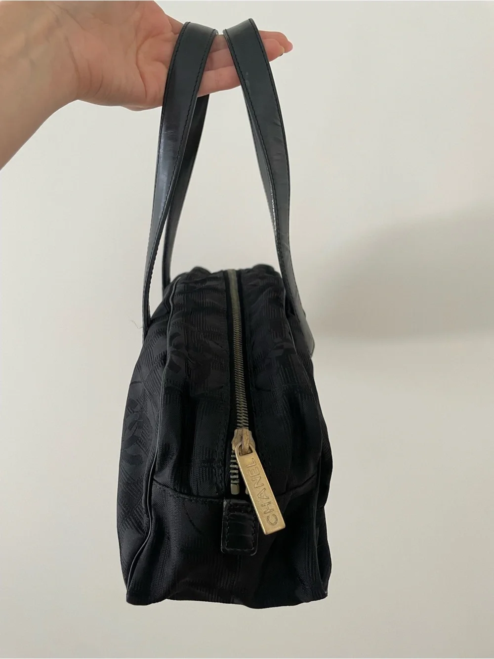 Authentic Vintage Chanel Black Quilted Logo-Pattern Top-Handle Bag